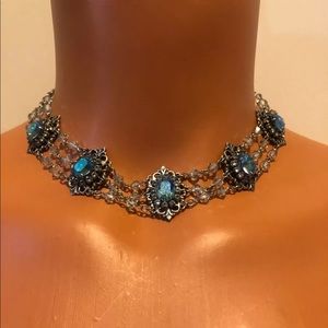 LIZ PALACIOS Choker Necklace Turquoise Aquamarine Gemstone Silver/Pewter $150